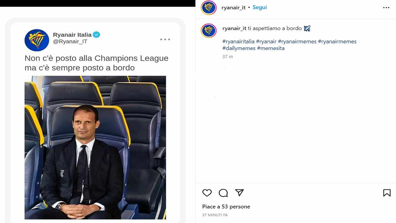 Juventus, Allegri nel mirino: l'ironia di Ryanair sul tecnico