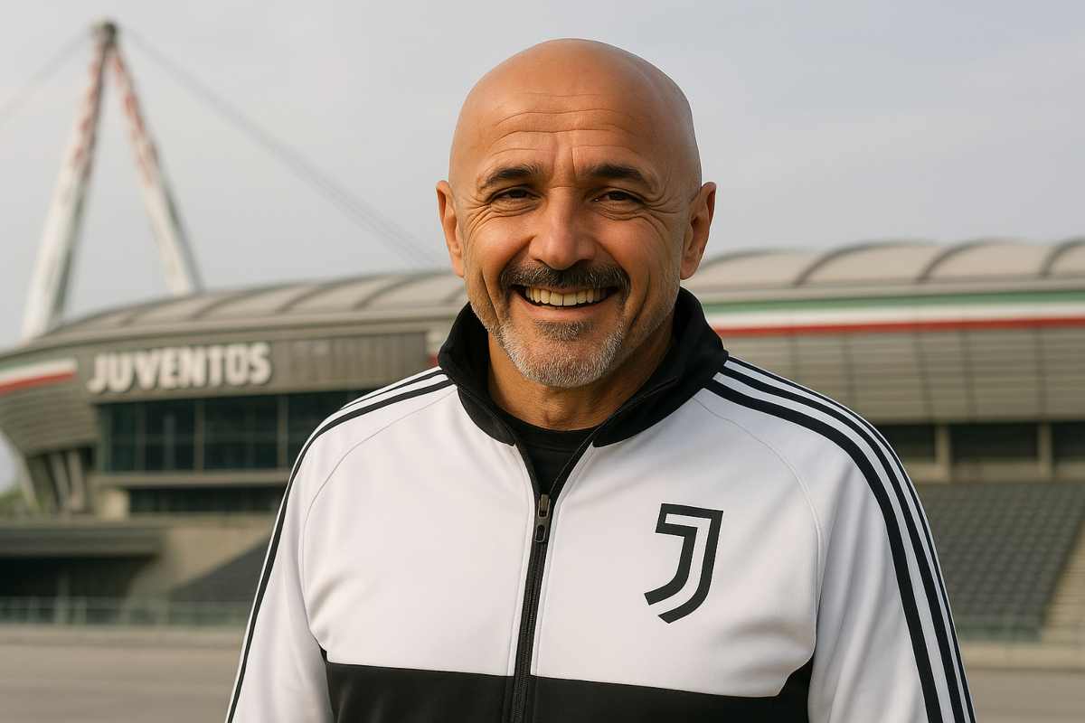 Spalletti con la tuta della Juve sorride davanti all'Allianz Stadium, foto creata con l'intelligenza artificiale